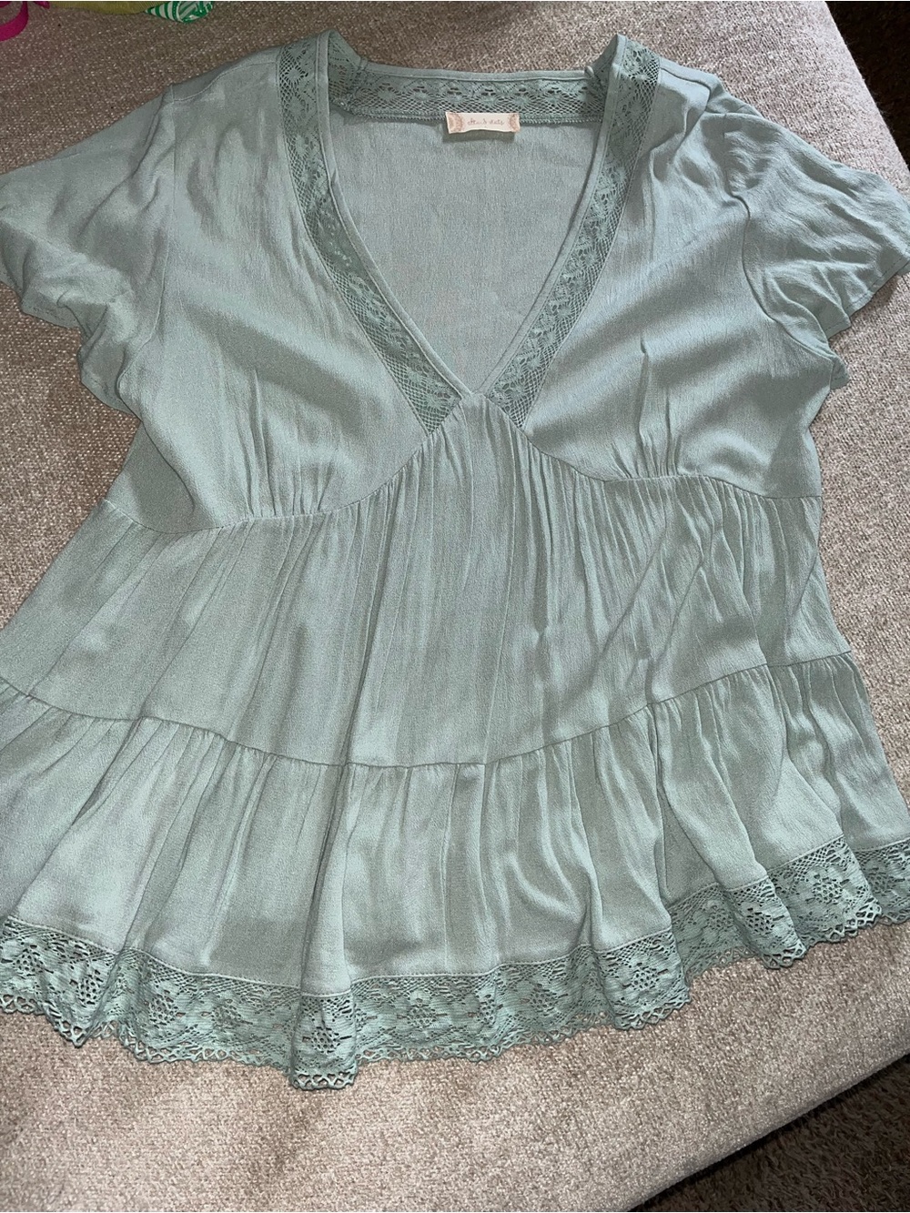 Altar'd State Sage Green Lace-Trim Tiered V-Neck Tunic